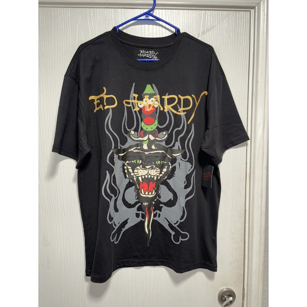 Ed Hardy Black Graphic Panther T-Shirt with Gold Logo and Red Accent